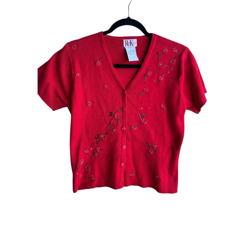 Vintage 90’s R&K Red Floral Cottage Embroidered Crochet Crop Blouse Women’s 10P